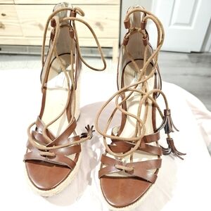 Guess Espradille Wedge Heels Tie Around Ankle Straps 6 1/2 Brown With Tassel Tie